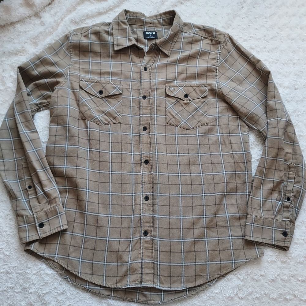 Hurley Pitfire Tan Plaid Button-Down Shirt Outdoor Surf Skater Camping Beach